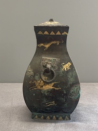 A rare Chinese archaic partially gilt bronze ritual wine vessel and cover, 'fang hu 方壺', Han