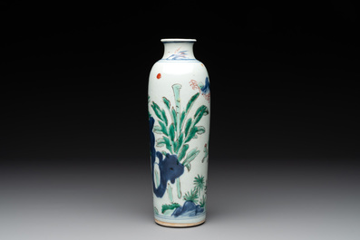 A Chinese wucai 'sleeve' vase with a scholar and servants, Transitional period