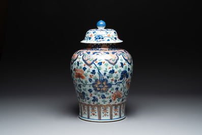 A large Chinese verte-Imari 'peony scroll' vase and cover, Kangxi