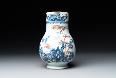 A Chinese famille rose 'pseudo-tobacco leaf' dish, a bowl and a blue and white gilt-decorated jug, Qianlong