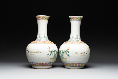 A pair of Chinese famille rose bottle vases with flowers, Qianlong mark, Republic