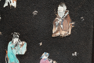 A pair of Chinese famille rose black-gravel-ground plaques, Jiaqing