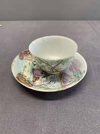 A Dutch-decorated Chinese porcelain cup and saucer with figures in a landscape, 18th C.