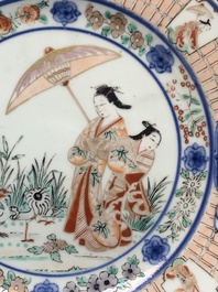 A Japanese Imari 'Parasol Ladies' plate after Cornelis Pronk, Edo, 18th C.