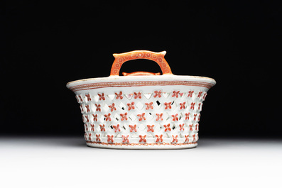 A Chinese openworked famille rose 'antiquities' basket and stand, Qianlong