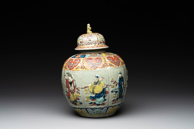 A rare Chinese famille rose relief-moulded 'Eight Immortals' vase and cover for the Thai market, Yongzheng mark, 19th C.