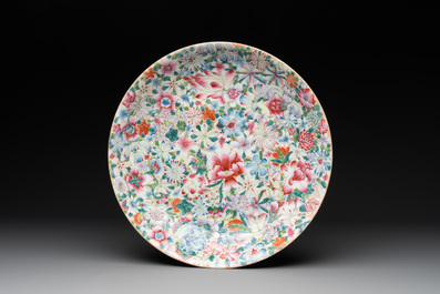 A Chinese famille rose 'millefleurs' dish and two plates, Qianlong and Jiu Jiang Jin Hua 九江錦華 mark, 20th C.