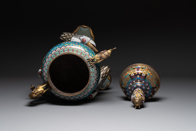 A pair of large and impressive Chinese cloisonn&eacute; 'dragons and cranes' censers and covers, 19/20th C.