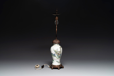 A Chinese famille verte vase mounted as lamp and a famille rose covered tureen, 19th C.