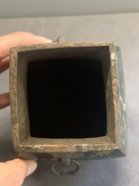 A rare Chinese archaic partially gilt bronze ritual wine vessel and cover, 'fang hu 方壺', Han