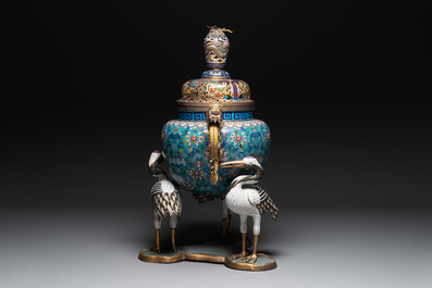 A pair of large and impressive Chinese cloisonn&eacute; 'dragons and cranes' censers and covers, 19/20th C.