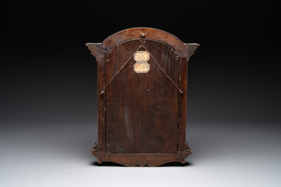 Two ornately carved decorative panels and a niche with an embroidered scene, France, 16/18th C.