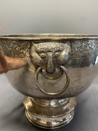 A Thai silver punch bowl with tiger-form handles, เฉิน เว่ย ไท่ 陳偉泰 mark, Bangkok, 19th C.