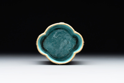 A small Chinese famille rose turquoise-ground brush pot, Qianlong mark, 19th C.