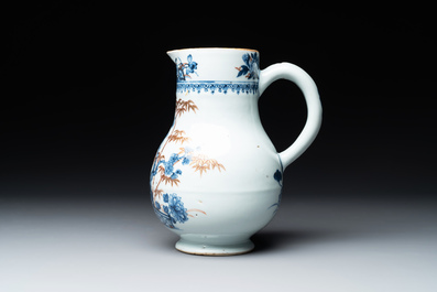 A Chinese famille rose 'pseudo-tobacco leaf' dish, a bowl and a blue and white gilt-decorated jug, Qianlong