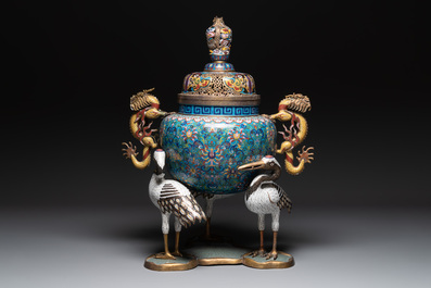 A pair of large and impressive Chinese cloisonn&eacute; 'dragons and cranes' censers and covers, 19/20th C.