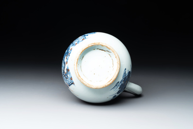 A Chinese famille rose 'pseudo-tobacco leaf' dish, a bowl and a blue and white gilt-decorated jug, Qianlong