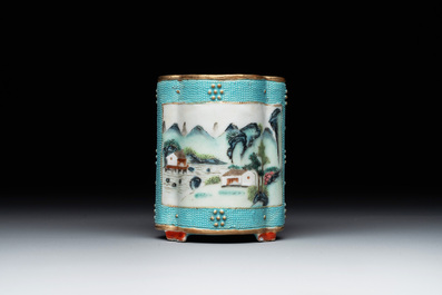 A small Chinese famille rose turquoise-ground brush pot, Qianlong mark, 19th C.