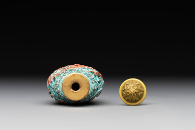 A Chinese moulded turquoise-ground famille rose 'dragon and phoenix' snuff bottle, 19th C.