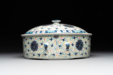 A Chinese famille verte vase mounted as lamp and a famille rose covered tureen, 19th C.