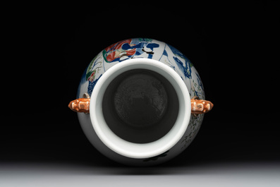 A Chinese famille rose 'hu' vase with figural design, Jiaqing mark, 19/20th C.