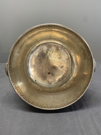 A Thai silver punch bowl with tiger-form handles, เฉิน เว่ย ไท่ 陳偉泰 mark, Bangkok, 19th C.