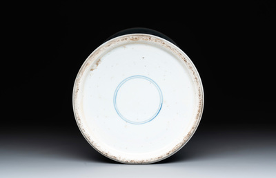 A Chinese blue and white 'gu' vase with a lady and antiquities, Kangxi