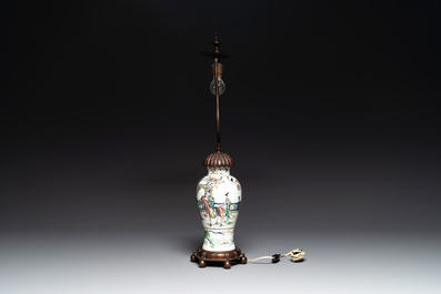 A Chinese famille verte vase mounted as lamp and a famille rose covered tureen, 19th C.