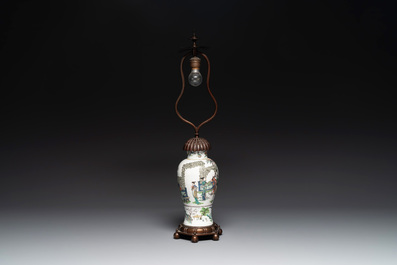 A Chinese famille verte vase mounted as lamp and a famille rose covered tureen, 19th C.
