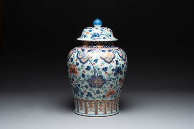 A large Chinese verte-Imari 'peony scroll' vase and cover, Kangxi