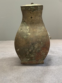 A Chinese bronze ritual wine vessel and cover, 'fang hu 方壺', Warring States Period