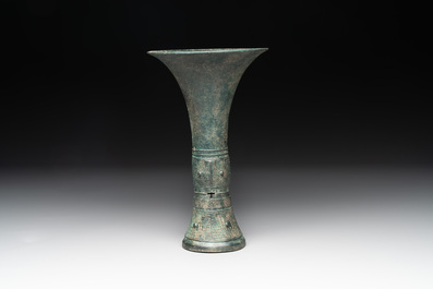 A Chinese archaic bronze ritual wine vessel, 'gu 觚', Shang