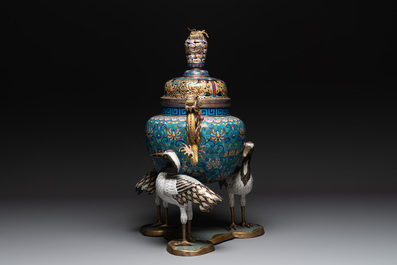 A pair of large and impressive Chinese cloisonn&eacute; 'dragons and cranes' censers and covers, 19/20th C.