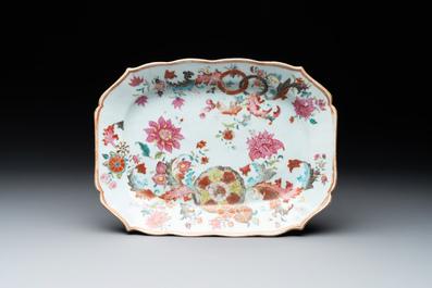 A Chinese famille rose 'pseudo-tobacco leaf' dish, a bowl and a blue and white gilt-decorated jug, Qianlong