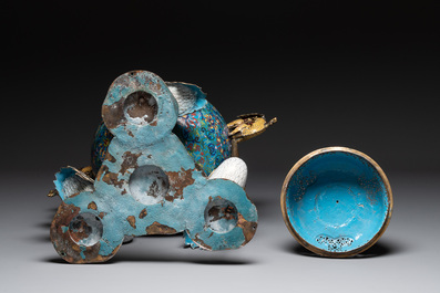 A pair of large and impressive Chinese cloisonn&eacute; 'dragons and cranes' censers and covers, 19/20th C.