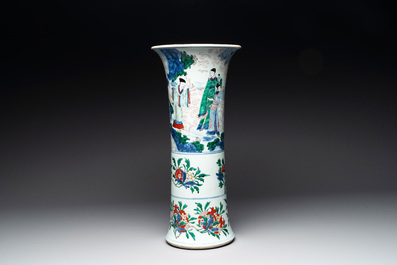 A Chinese wucai 'gu' vase with narrative design, Transitional period
