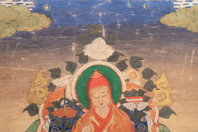 A Tibetan thangka depicting a lama, 19th C.