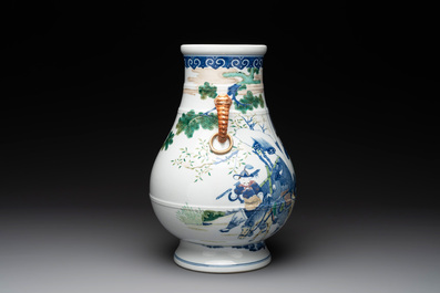 A Chinese famille rose 'hu' vase with figural design, Jiaqing mark, 19/20th C.