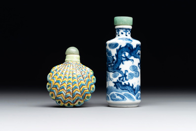 A Chinese blue and white 'dragon' snuff bottle and a polychrome 'peacock' snuff bottle, Yongzheng mark, 19/20th C.