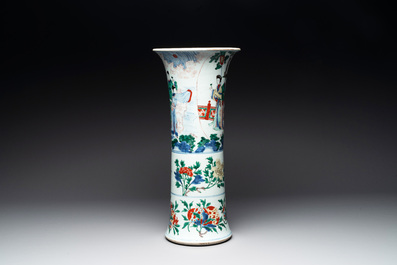 A Chinese wucai 'gu' vase with narrative design, Transitional period