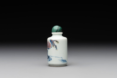 A Chinese blue, white and copper-red 'fisherman' snuff bottle, Qing Yang Dao Ren 卿陽道人 mark, 19th C.