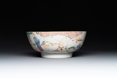 A Chinese Canton famille rose bowl with figures in a garden, Qianlong