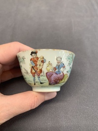 A Dutch-decorated Chinese porcelain cup and saucer with figures in a landscape, 18th C.