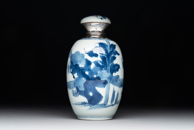 A Chinese blue and white silver-mounted 'Long Eliza' tea caddy and cover, Kangxi