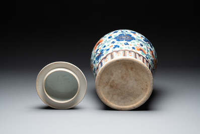 A large Chinese verte-Imari 'peony scroll' vase and cover, Kangxi