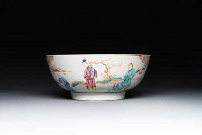 A Chinese Canton famille rose bowl with figures in a garden, Qianlong