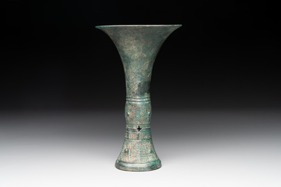A Chinese archaic bronze ritual wine vessel, 'gu 觚', Shang
