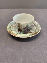 A Dutch-decorated Chinese porcelain cup and saucer with figures in a landscape, 18th C.