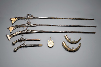 Three impressive flintlock muskets or 'moukahlas', two percussion pistols and three gunpowder horns, Morocco, 18/19th C.