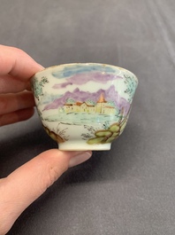 A Dutch-decorated Chinese porcelain cup and saucer with figures in a landscape, 18th C.